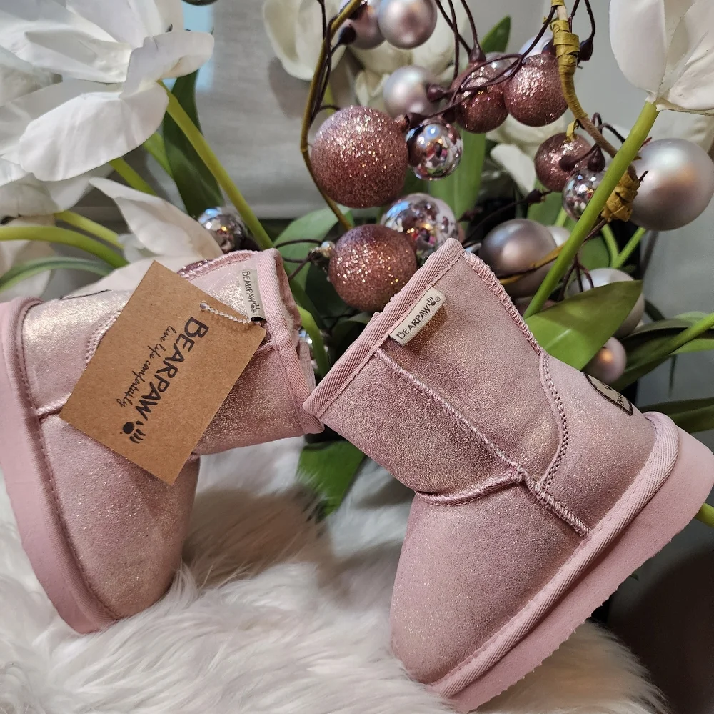 BEARPAW Elle Exotic Youth Classic Suede Pink Glitter boots new